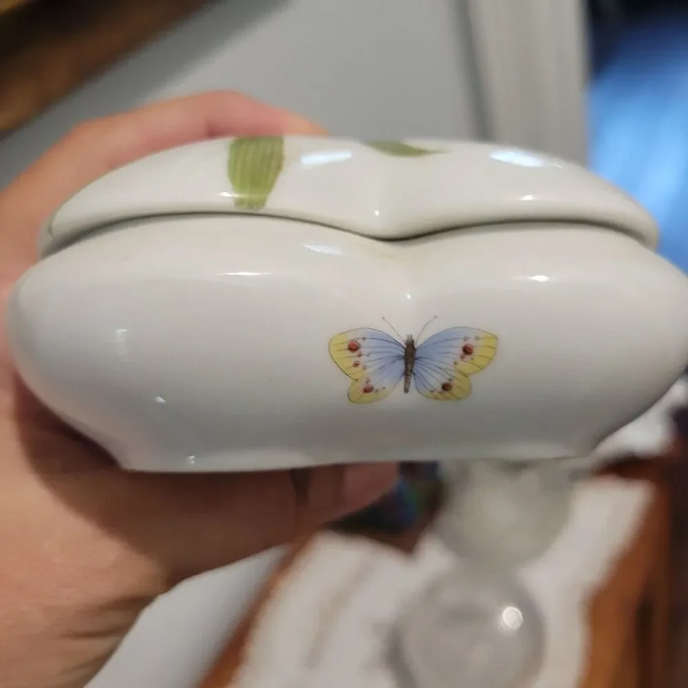 Vintage LIMOGES France Heart Shaped Trinket Box Rochard Butterflies Floral FLAW
